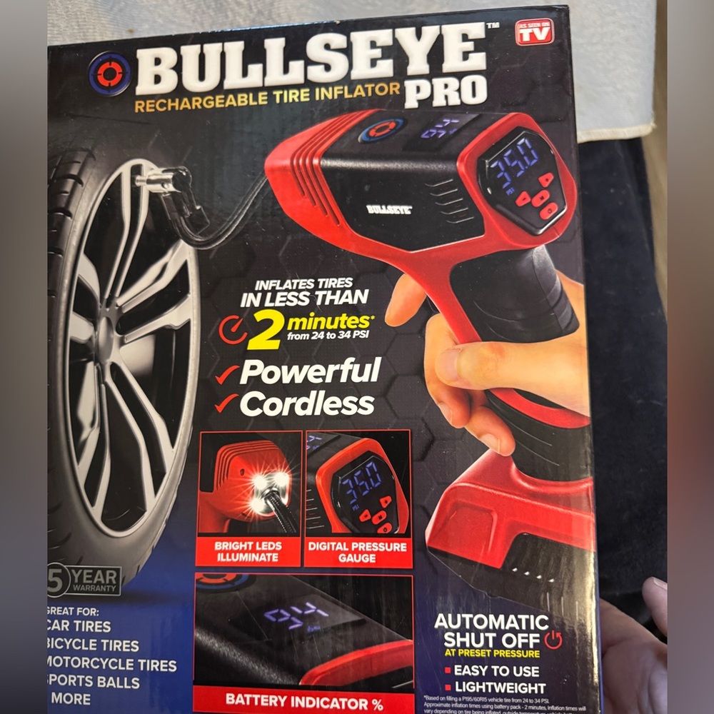 New in box. BULLSEYE PRO As Seen On TV Rechargeable Tire Inflator Pro